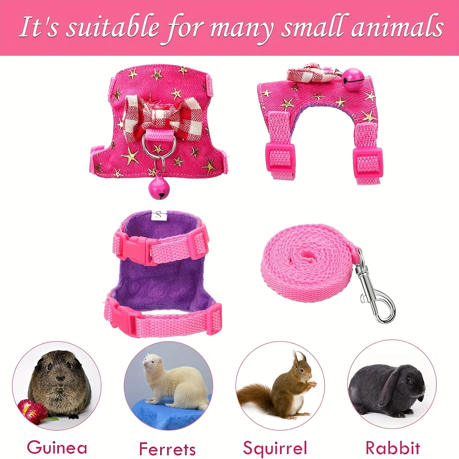2 unids/set arnés y correa para hámster, conjunto para caminar, ropa para mascotas pequeñas con campanas de lazo, chaleco acolchado seguro y cómodo, tira para hámster