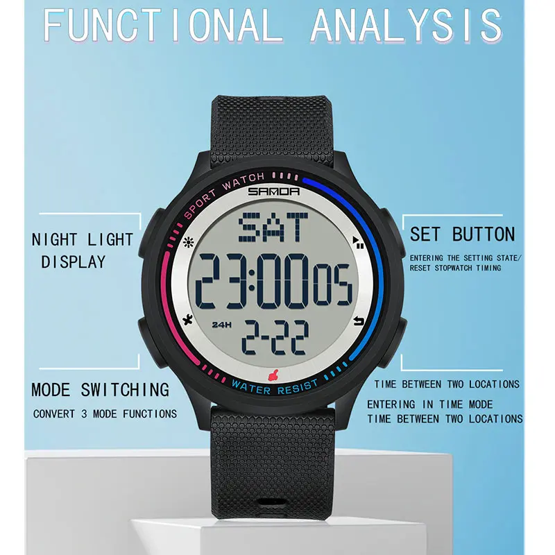 Reloj SANDA para hombre con múltiples funciones, cronómetro para deportes al aire libre, movimiento Digital resistente al agua, relojes LED con alarma electrónica de muñeca para hombre