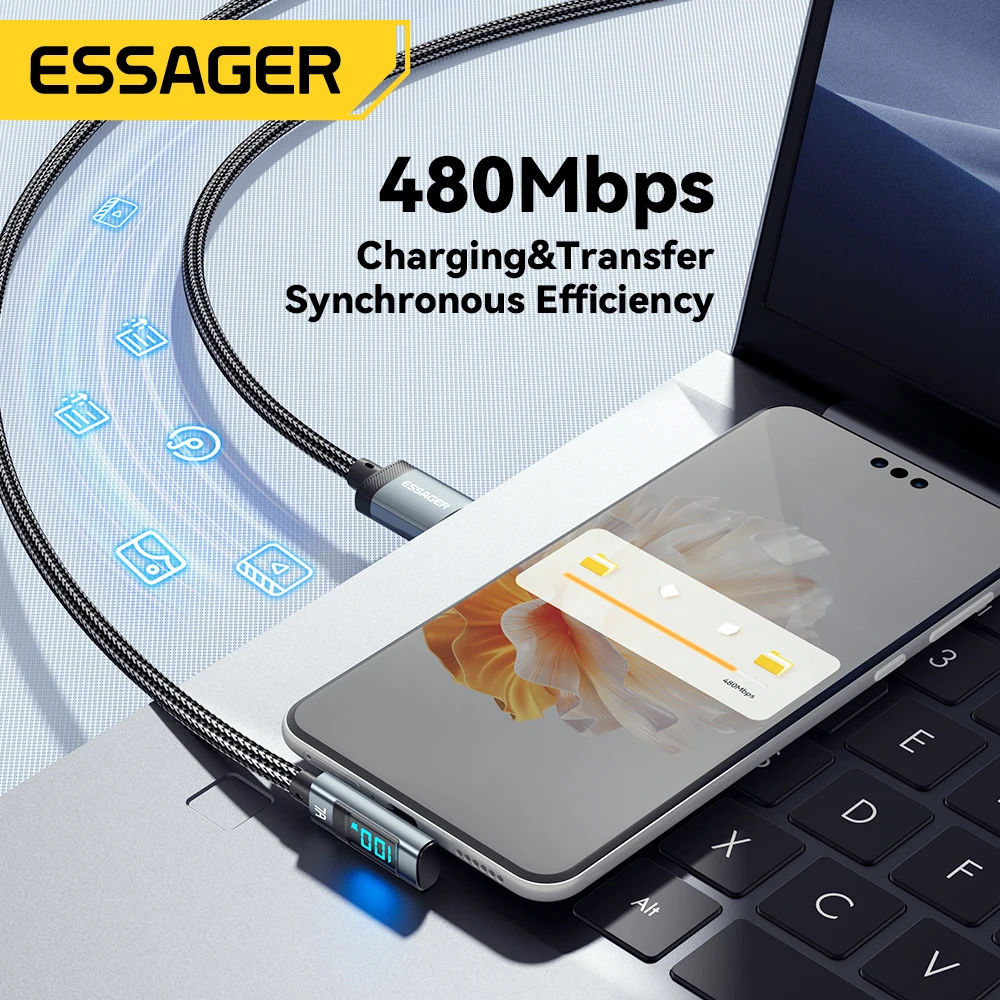 Essager 7A 100W Cable USB C carga rápida pantalla Digital codo tipo C Cable para Huawei Mate60 Pro Xiaomi Samsung Vivo Cable de datos