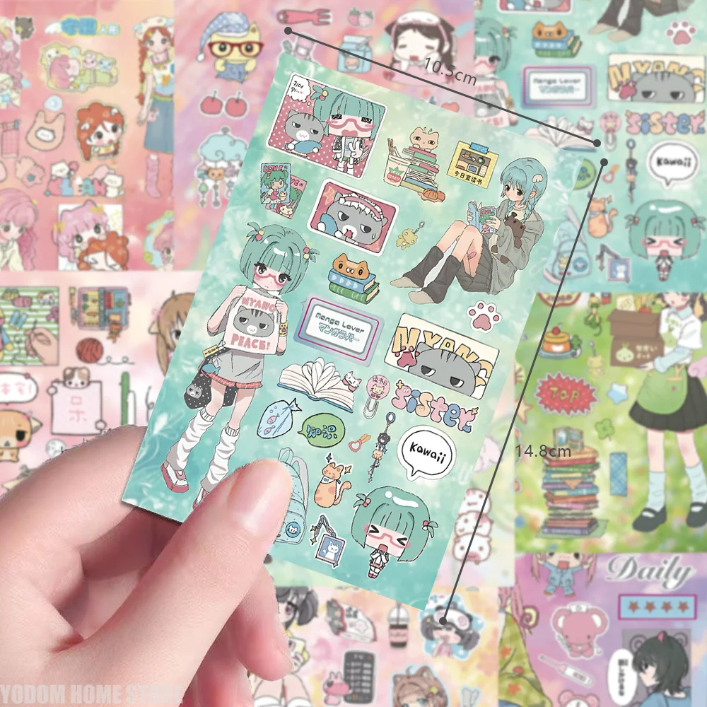 8 Hojas de Adhesivos con Dibujos Animados de Chicas Anime para Manualidades, Suministros de Scrapbooking, Material Kawaii