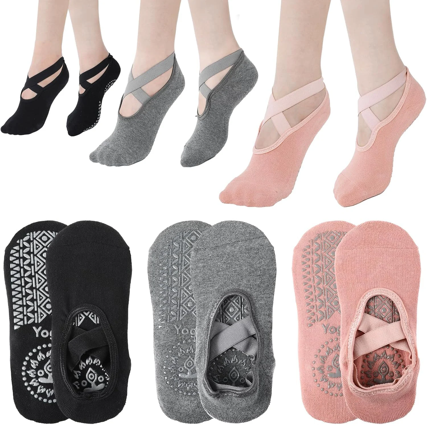 3 pares de calcetines de yoga para mujer calcetines de barra antideslizantes con correas calcetines de baile de ballet para yoga Pilates Ballet Barre Dance
