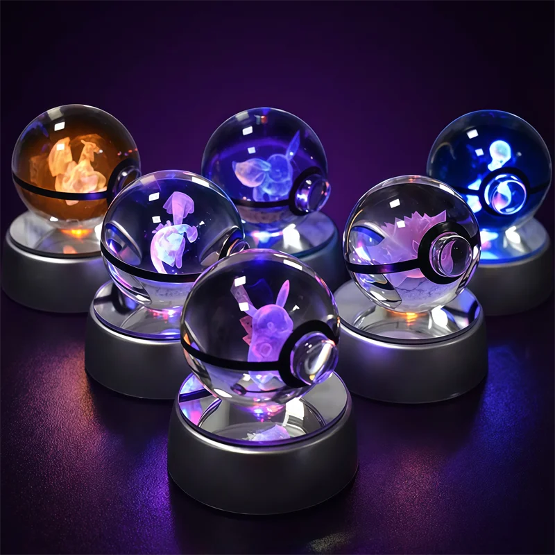 Bola de Cristal Pokémon 3D de 5CM, Mewtwo, Pikachu, Gengar, Bola de Cristal Pokémon, Figura Pokeball, Lámpara LED con Base de Luz Nocturna, Regalo