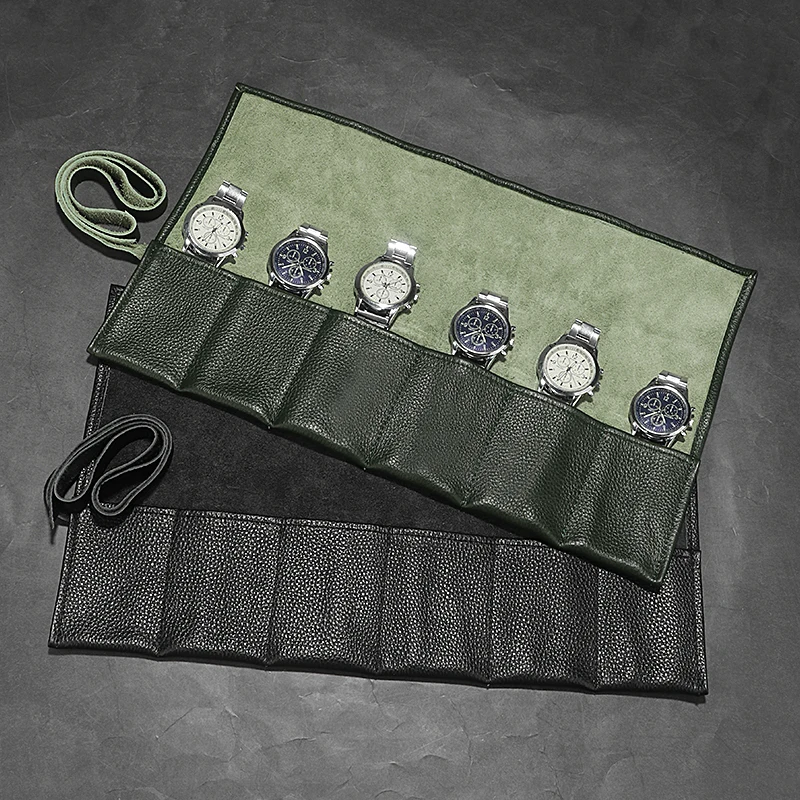 Wesleco-estuche de cuero genuino para reloj, organizador portátil de viaje, almacenamiento de relojes, bolsa de exhibición, 6 ranuras
