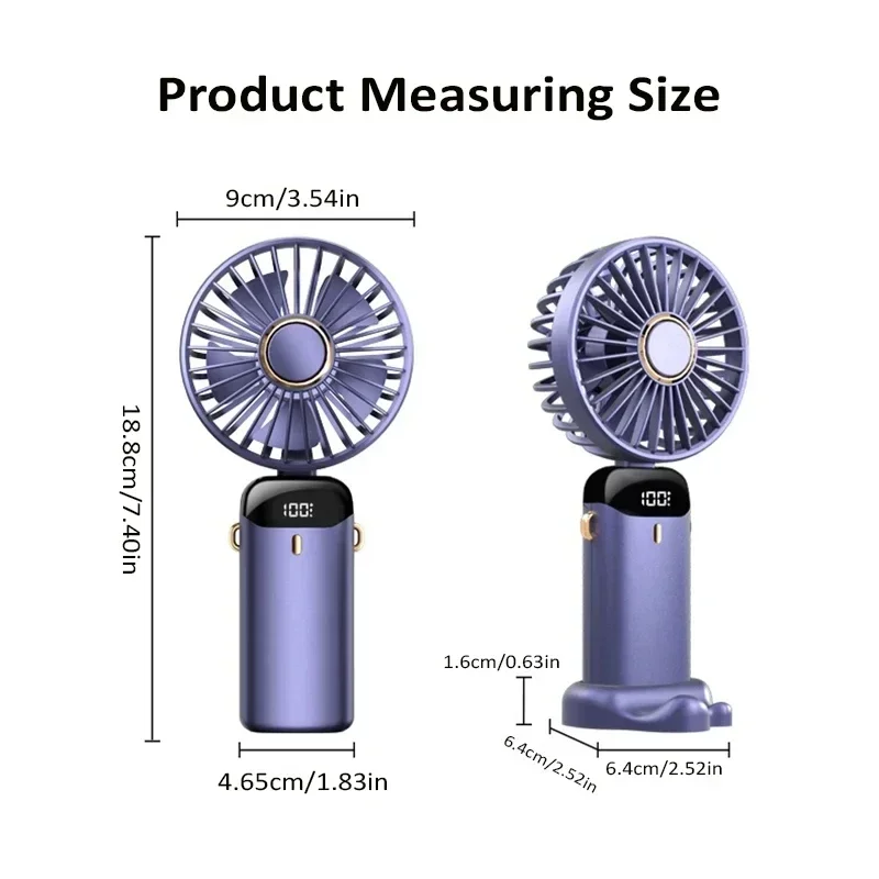Mini ventilador portátil de mano, ventiladores plegables para colgar en el cuello, ventilador recargable por USB de 5 velocidades con soporte para teléfono y pantalla de visualización de 1800mAh