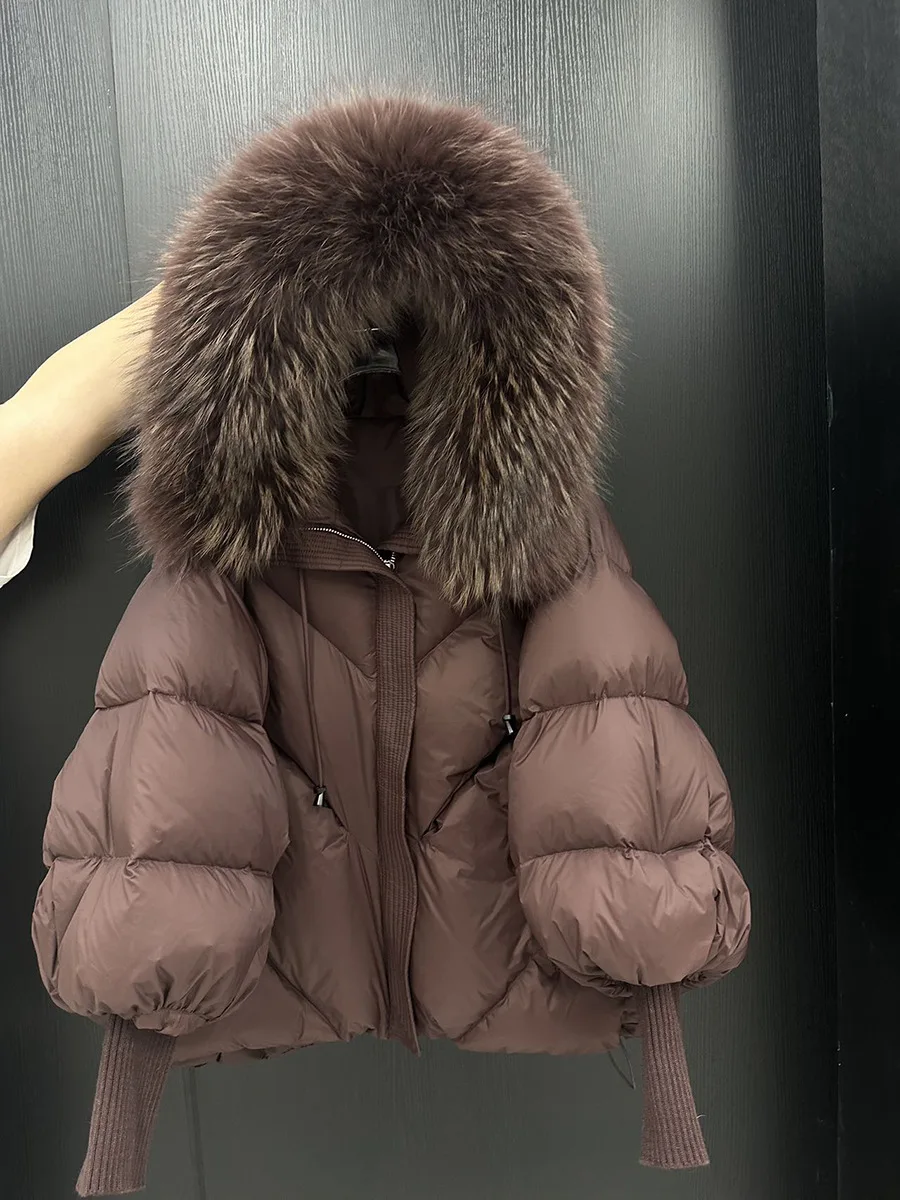 Chaqueta de invierno con capucha y cuello de piel grande Natural para mujer, prendas de vestir cortas de plumón de pato blanco, chaqueta acolchada cálida con manga acampanada para mujer