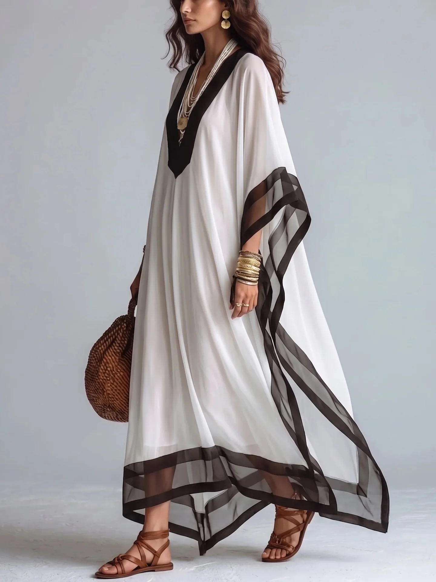 Vestido Maxi Kaftán para Mujer con Ribete en Contraste Blanco y Negro, Cuello en V, Manga Murciélago, Holgado, de Gasa, Largo, para Playa, Vacaciones, Casual