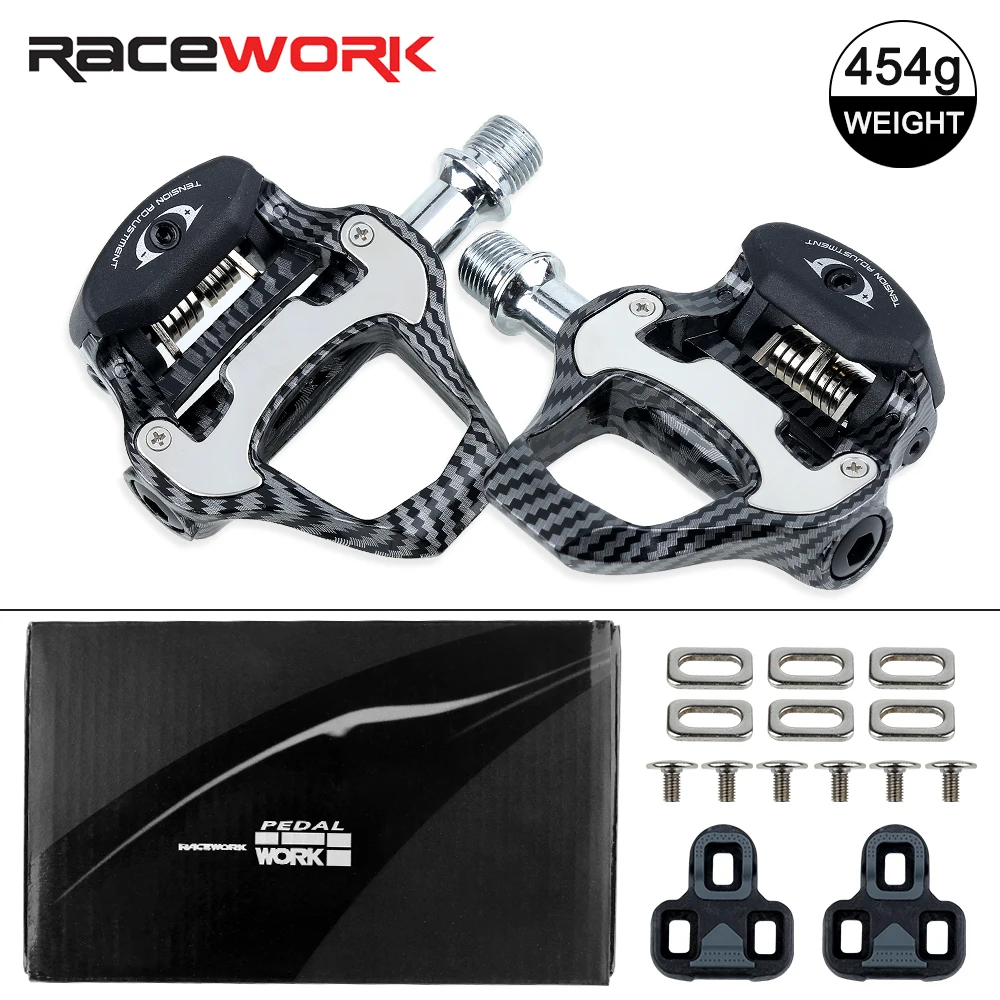 Pedal de Bicicleta de Carreras RACEWORK Ultraligero de Fibra de Carbono Texturizada, Apto para Pedales de Bicicleta Profesionales con Autobloqueo SPD/Keo