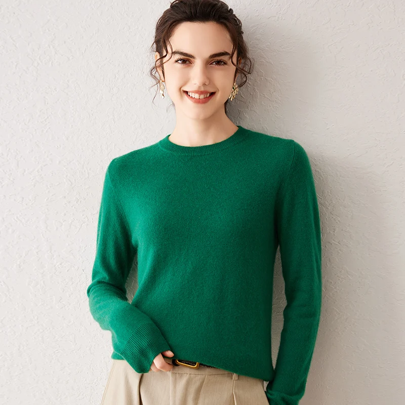 Suéter de Cachemira 100% Pura para Mujer, Otoño-Invierno 2026, Cuello Redondo, Manga Larga, Cálido, Suave, Tejido, Nuevo, Ropa de Mujer