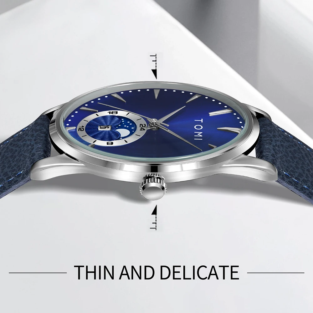 Reloj TOMI con correa de cuero de lujo para hombre, reloj de cuarzo con calendario de Esfera Grande para negocios y ocio, reloj Masculino