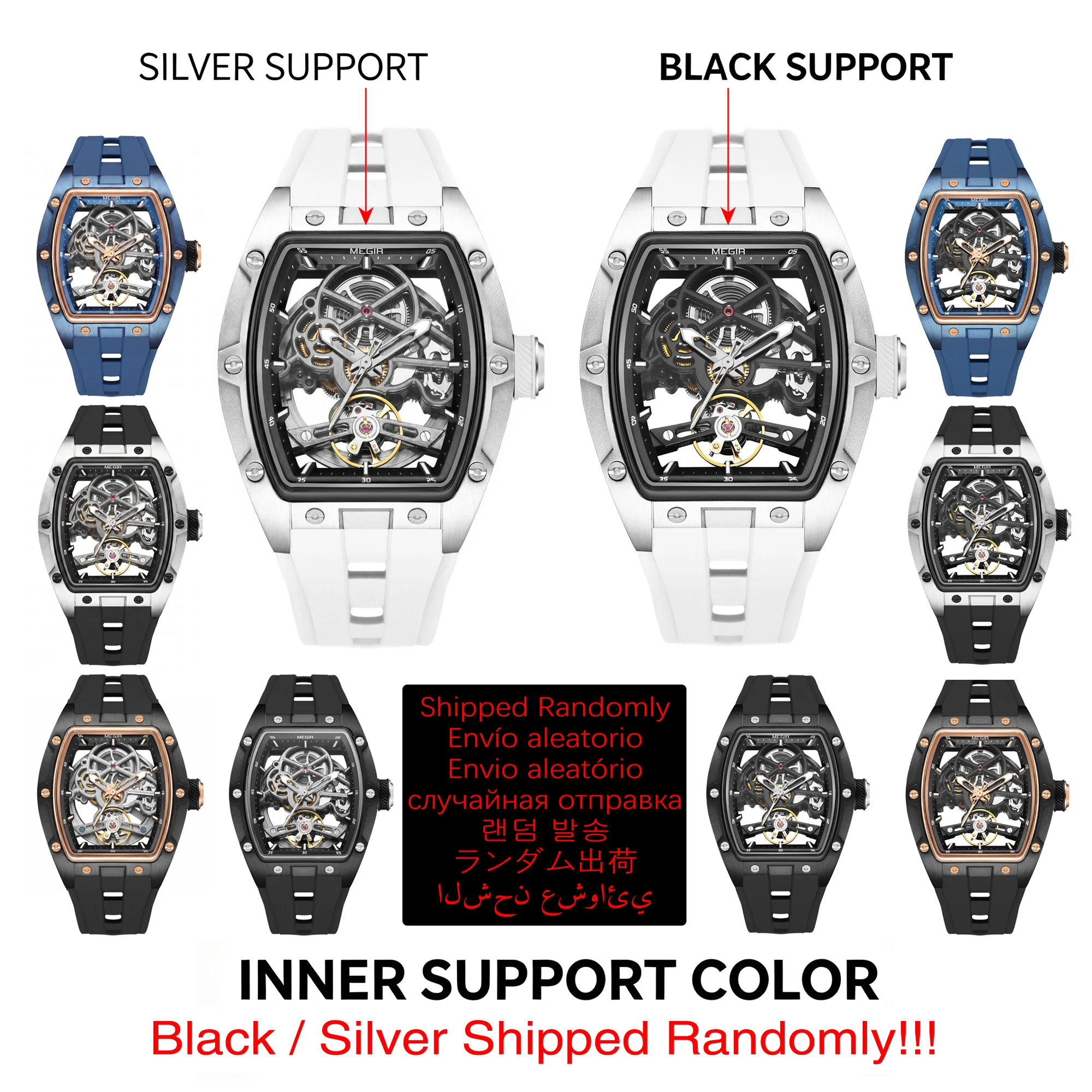 Reloj Mecánico MEGIR Tonneau Skeleton para Hombre, Reloj de Pulsera Deportivo con Correa de Silicona, Esfera Hueca de Lujo, Relojes Mecánicos Automáticos para Hombre
