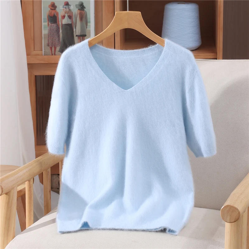 Suéter de punto de Cachemira de visón puro 100% de manga corta para mujer, nueva camiseta con cuello en V, Top informal, camisa básica de Color sólido