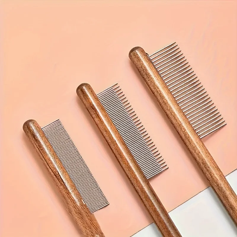 Peine para el cuidado de mascotas para gatos y perros, 3 piezas/1 pieza, dientes de acero inoxidable, mango de madera, adecuado para cabello largo y corto, herramienta duradera para el cuidado de mascotas