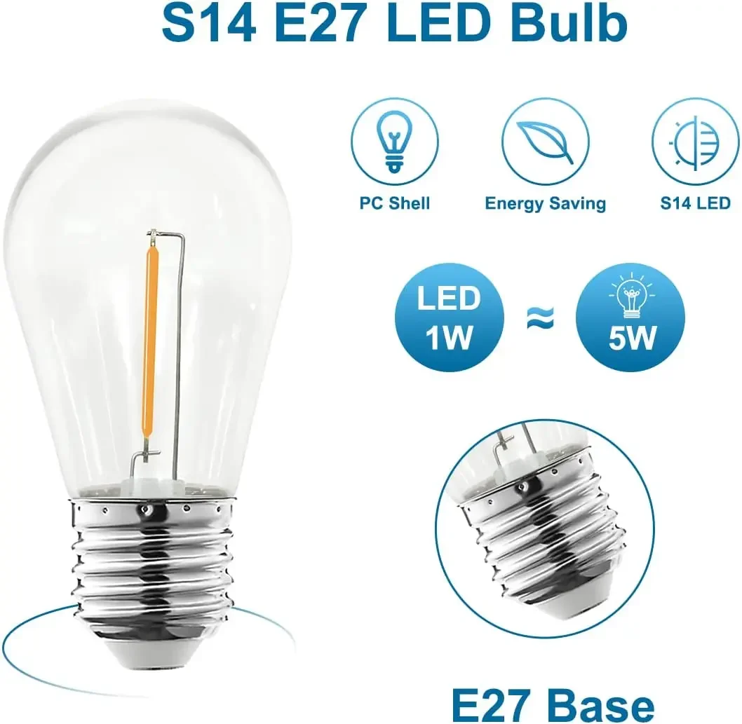 Paquete de 10 bombillas de bola COB de filamento regulable 5V 24V S14 1W blanco cálido cubierta de PC lámpara LED E27 para luces de cadena impermeables al aire libre