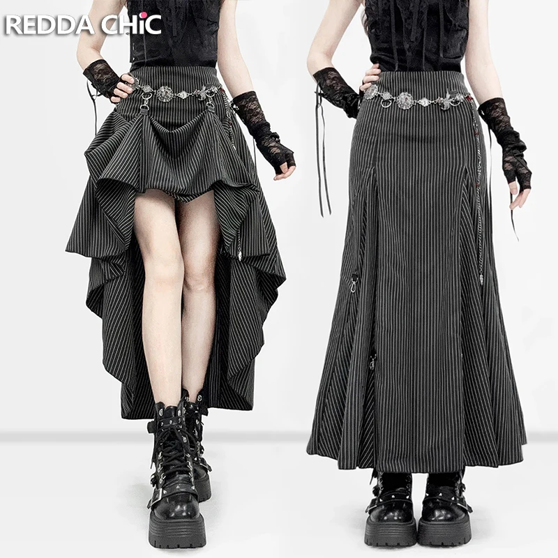 REDDACHiC Falda de Traje a Rayas Negras Estilo Grunge Retro, Falda Maxi de Cola de Pez de 3 Vías con Corte Alto-Bajo y Cola Larga, Ropa Gótica Alternativa para Mujer