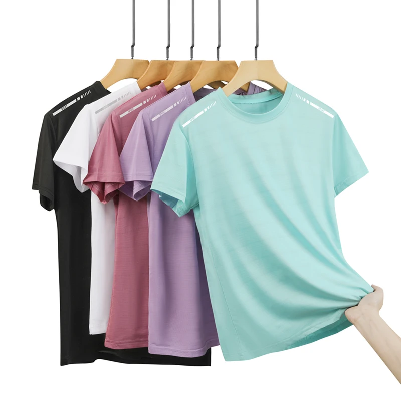 CHRLCK, camiseta de manga corta de malla para mujer, talla US/EU, para correr y hacer ejercicio, de color sólido, transpirable, con tira reflectante