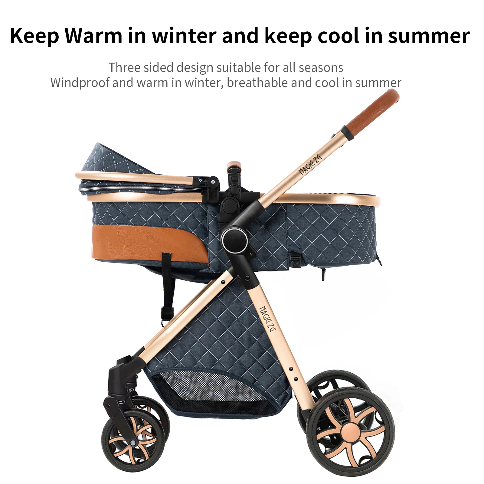 Sistema de Viaje para Bebé 3 en 1 Magic ZC, Cochecito Compacto Plegable con Capazo, Silla de Auto para Bebé y Asiento Reversible, Cochecito de Alta Gama, Ruedas con Amortiguación, Manillar Ajustable, Plegado con una Mano, Desde Recién Nacido Hasta Niño Pequeño, Beige