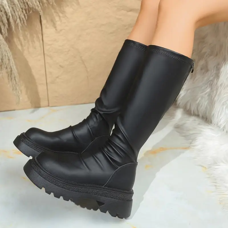 Botas Altas Negras Sexys con Plataforma y Tacón Grueso para Mujer, Invierno 2026, Cómodas, Elásticas, para Montar a Caballo, Tallas Grandes