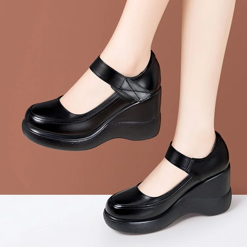 8cm transpirable cómodo poco profundo plataforma gruesa cuñas zapatos 2025 primavera zapatos de cuero genuino mujer tacones altos para mamá