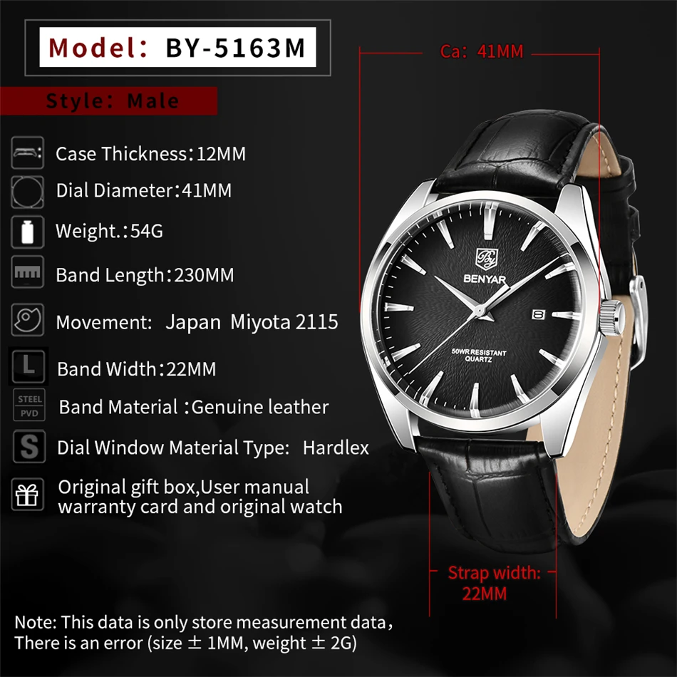 Benyar 5163 relojes de pulsera militares de lujo de la mejor marca relojes de cuarzo de cuero Reloj Simple resistente al agua para Hombre Reloj para Hombre