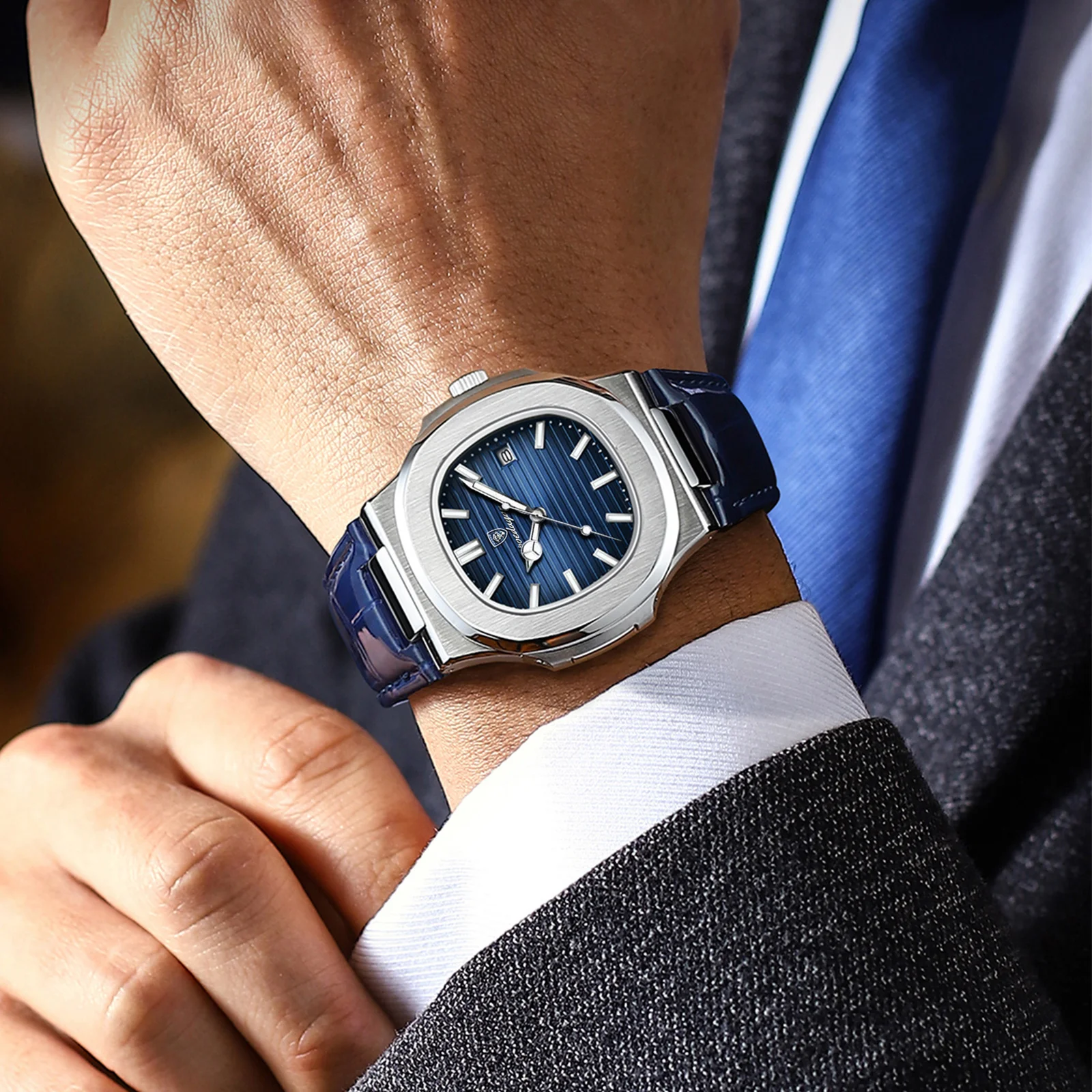 POEDAGAR, Reloj cuadrado de lujo para hombre, Reloj de pulsera luminoso resistente al agua con fecha para hombre, relojes de cuarzo de cuero de alta calidad para hombre + Reloj con caja