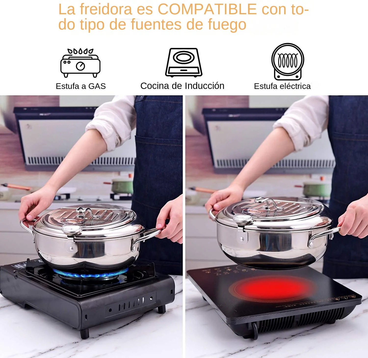 LMETJMA-Sartén japonesa con termómetro y tapa, sartenes de acero inoxidable 304 para cocina, freidora tempura de 20 y 24 cm, KC0405