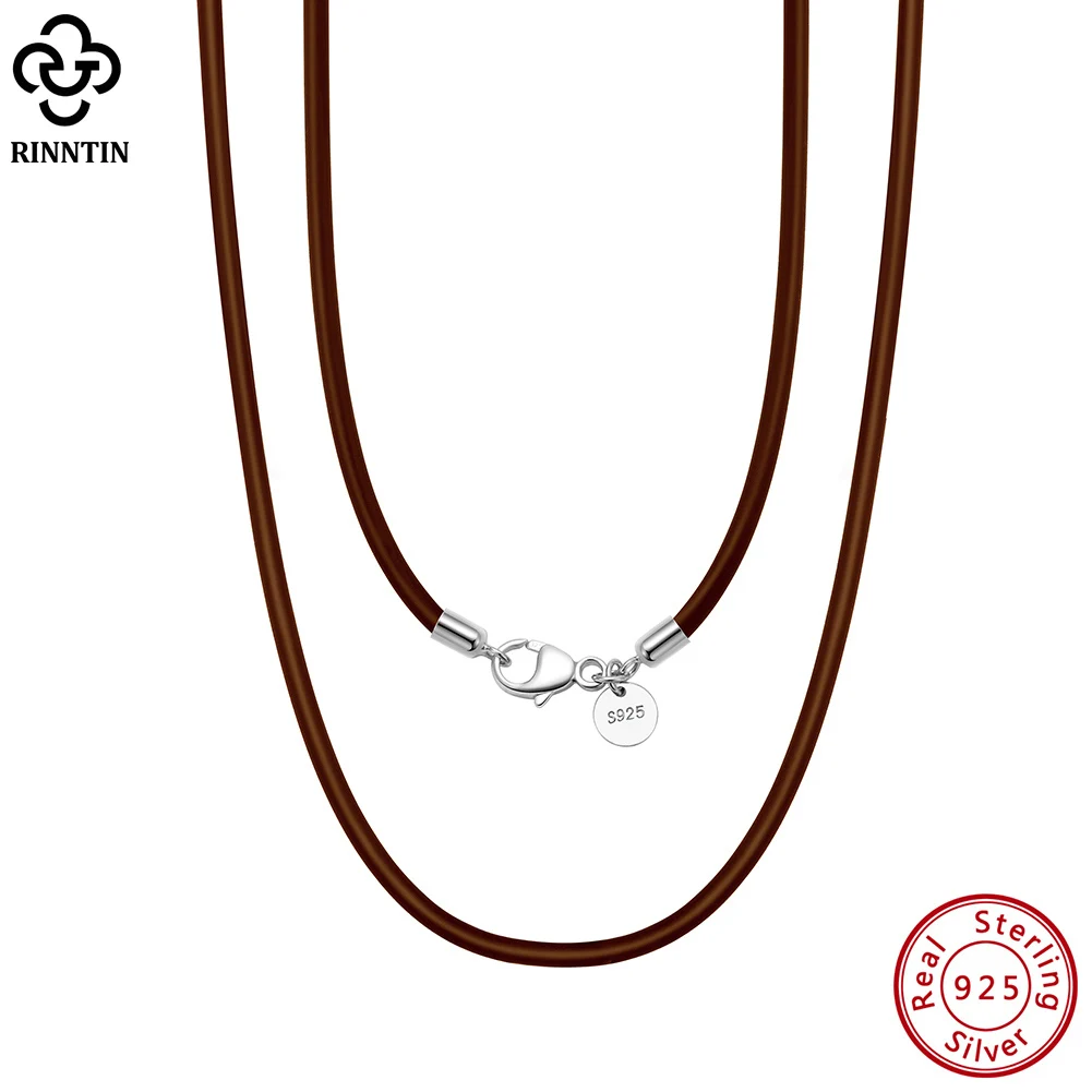 Rinntin-collar de cadena de cordón de cuero marrón italiano auténtico de 2mm para mujeres y hombres con cierre de plata de ley 925, joyería de moda SC62