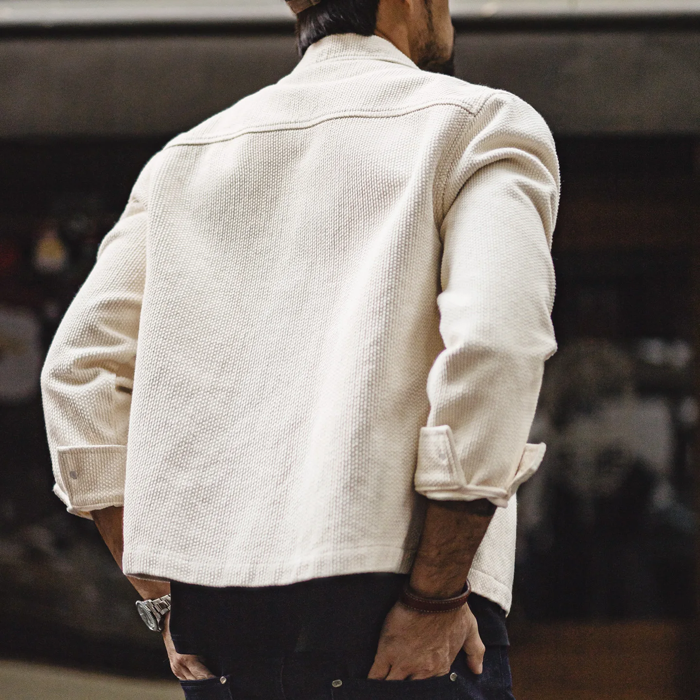 Chaqueta Blanca Vintage para Hombre Maden, Chaqueta Corta de Algodón Grueso con Cuello Camisero, Cierre de Cremallera, Ajustada, para Primavera y Otoño