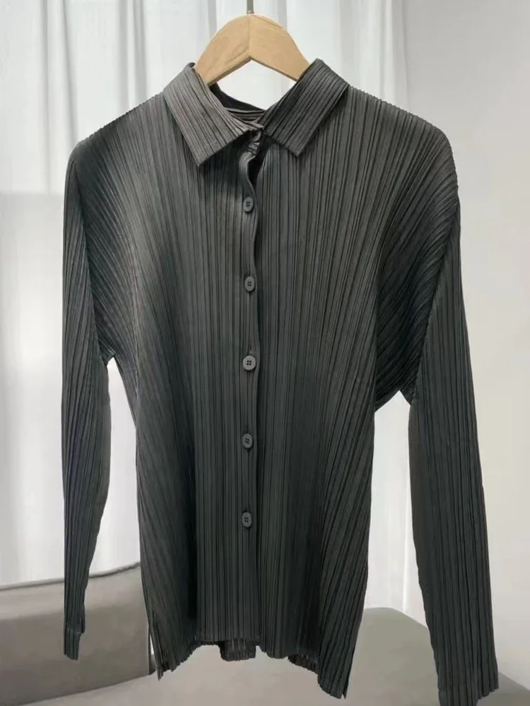 Camisa de mujer Miyake, camisa de manga larga con solapa plisada, camisa informal versátil holgada de talla grande, cárdigan plisado, Tops, novedad de otoño 2024