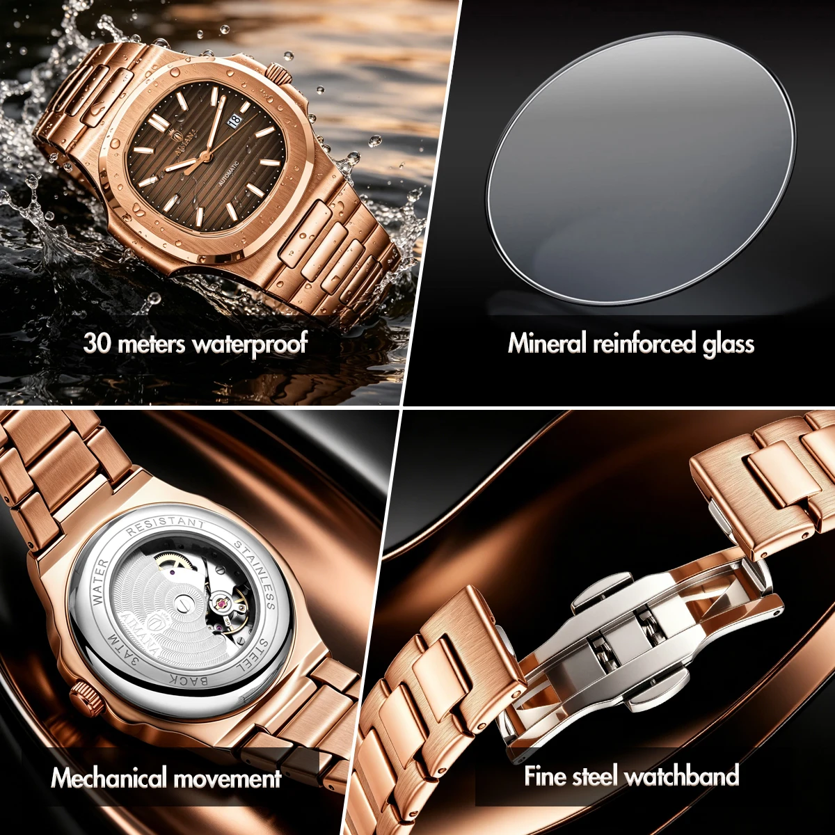 Reloj automático AIMANA de lujo para hombre, correa de acero inoxidable, resistente al agua, calendario luminoso con fecha, estilo Nautilus, color oro rosa, para negocios