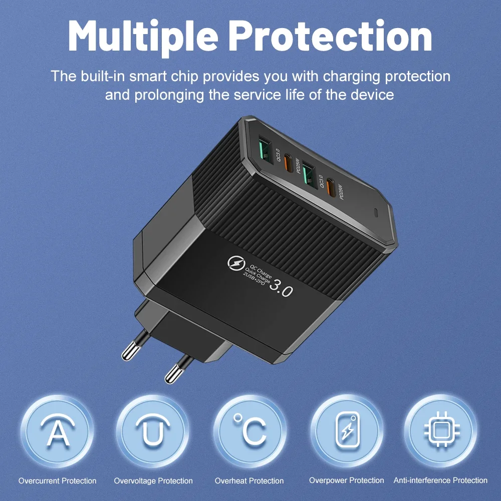 Cargador USB de 100W con carga rápida, 6 puertos, Quick Charge 3.0, cargador de viaje para iPhone, Samsung, Huawei.