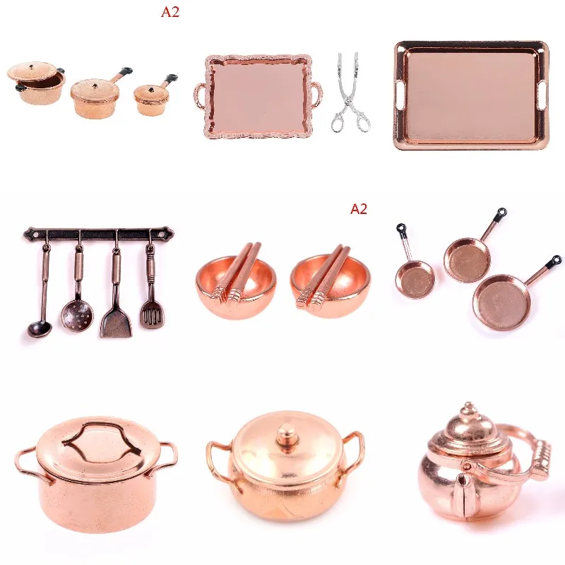 Casa de muñecas a escala 1:12, sartén en miniatura de Color oro rosa, olla para cocinar, hervidor, utensilios de cocina, Kit de cocina, accesorios para muñecas