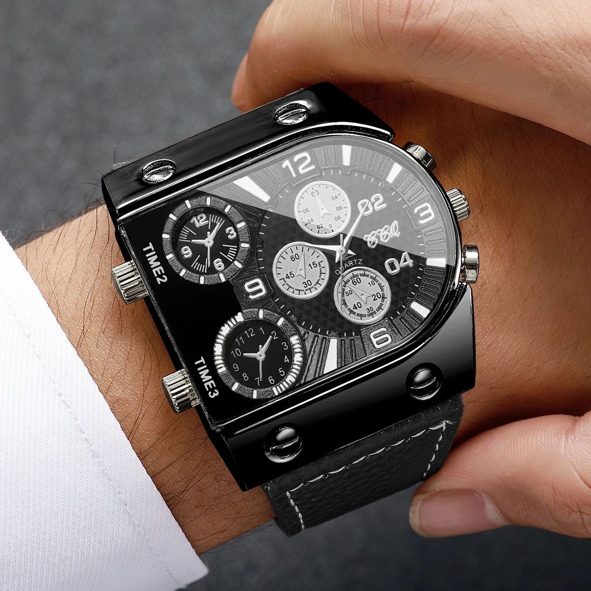 Reloj de cuarzo decorativo de lujo con esfera de cinco ojos para hombre, correa de cuero cuadrada a la moda, relojes deportivos para hombre, Reloj Hombre (sin caja)
