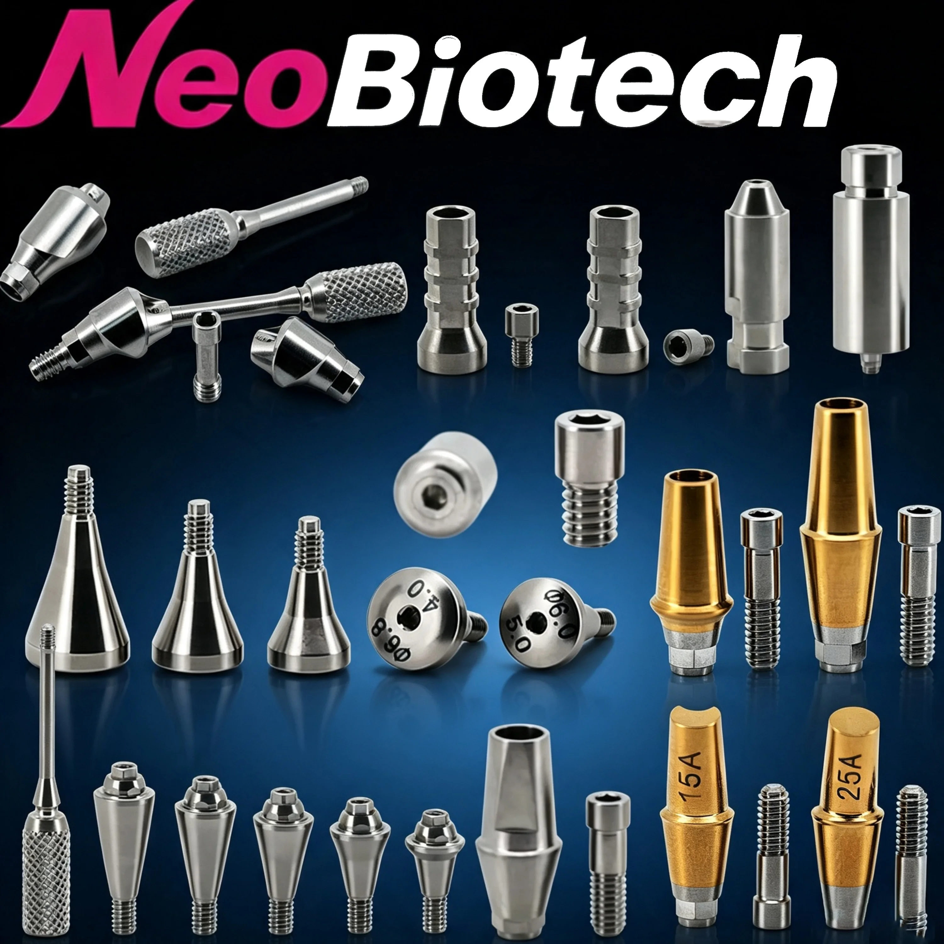 Kit de implantes dentales NeoBiotech compatible con múltiples unidades, de titanio, rectos y angulares, con tapón de protección y tornillo para tórtula de cicatrización