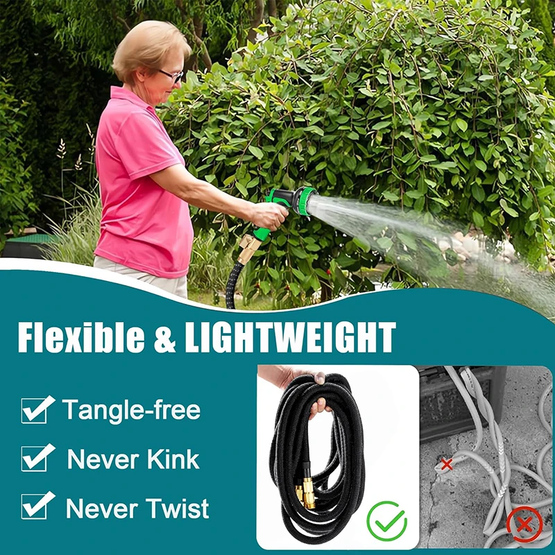 Manguera de Jardín Extensible, Manguera de Agua Flexible, Manguera Portátil para Patio con Conexiones de Latón Sólido y Doble Látex