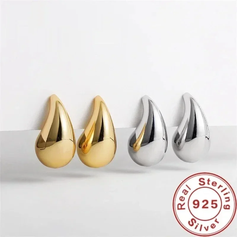 Pendientes de gota de agua de cúpula gruesa chapados en oro de 18 quilates de Plata de Ley 925 para mujer, pendientes de aro de lágrima gruesos brillantes Vintage, joyería
