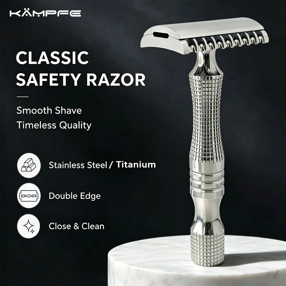 KAMPFE Maquinilla de Afeitar de Seguridad de Acero Inoxidable/Titanio, Maquinilla Manual de Doble Filo Mecanizada con Precisión CNC, Afeitado Suave en Húmedo para Hombres