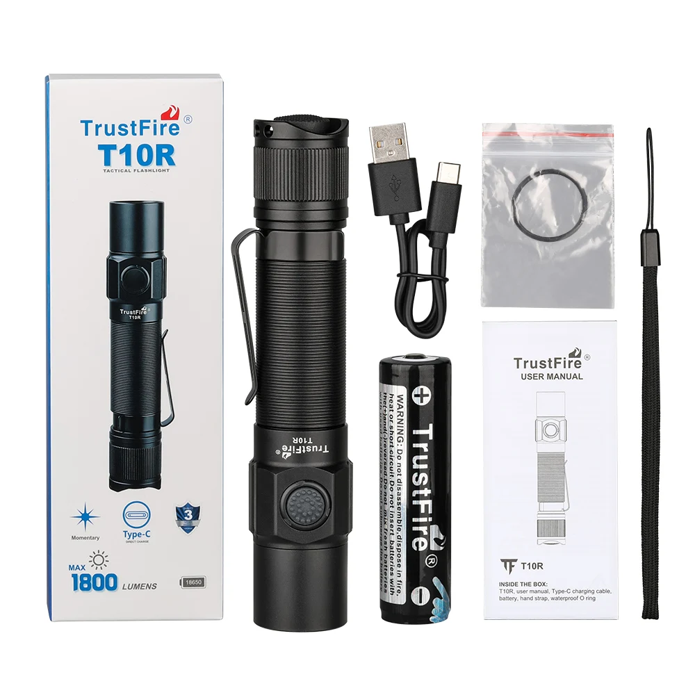 Trustfire-linterna táctica militar T10R, 1800 lúmenes, potente tipo C, recargable por USB, 18650 LED