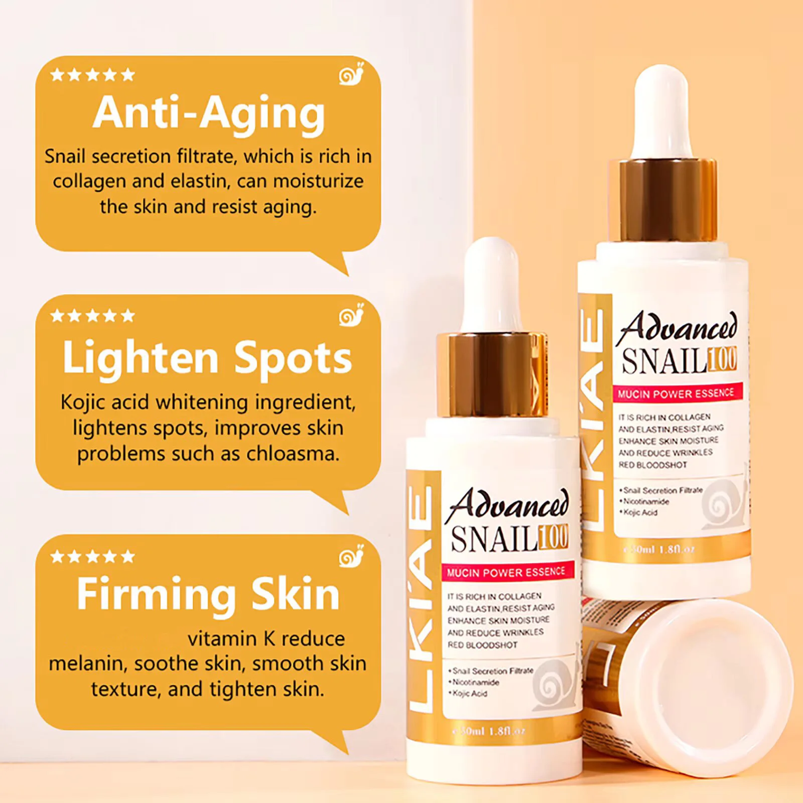 Esencia Facial Avanzada con Mucina de Caracol LKIAE para Mujeres, Serum Iluminador y Reafirmante de la Piel, Reduce Arrugas, Líneas de Expresión y Manchas Oscuras, con Colágeno