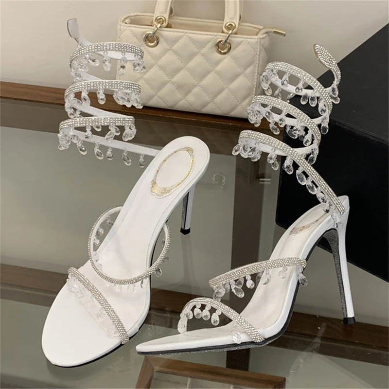 Eilyken, nuevo diseño, sandalias de tacón alto fino con diamantes de cristal para mujer, zapatos de estilo callejero con correa en el tobillo para banquete y baile de graduación