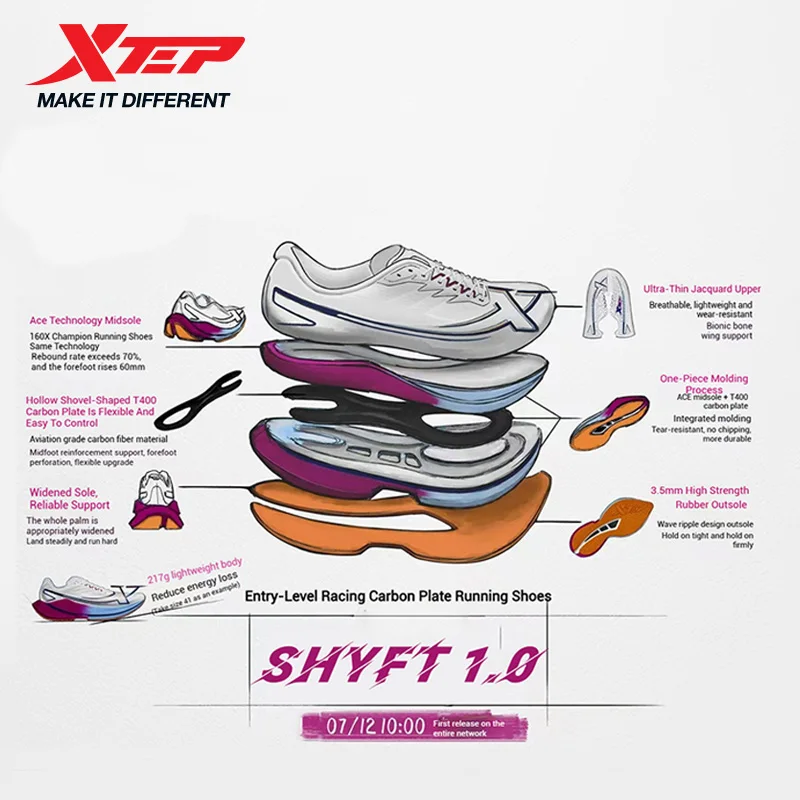 Xtep Shyft 1,0 zapatillas de correr profesionales para hombres 2025 verano maratón amortiguador placa de carbono zapatos de carreras 875319110083