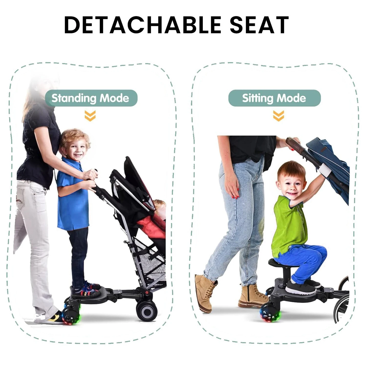Plataforma Universal para Cochecito con Asiento, Adaptador de Plataforma para Cochecitos, Plataforma para Niños con Ruedas LED, Soporta hasta 55 Libras