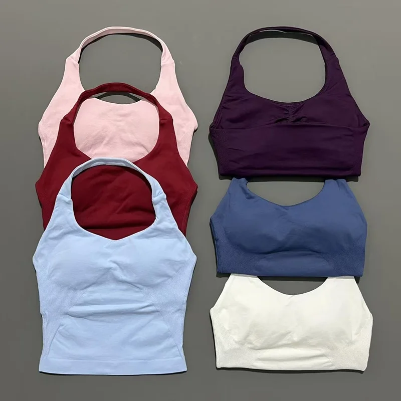 Histello-Top de tiras palangre para mujer, camiseta sin mangas deportiva con cuello Halter, sin costuras, fruncido, sin espalda, ropa deportiva para gimnasio, entrenamiento, Yoga, Fitness