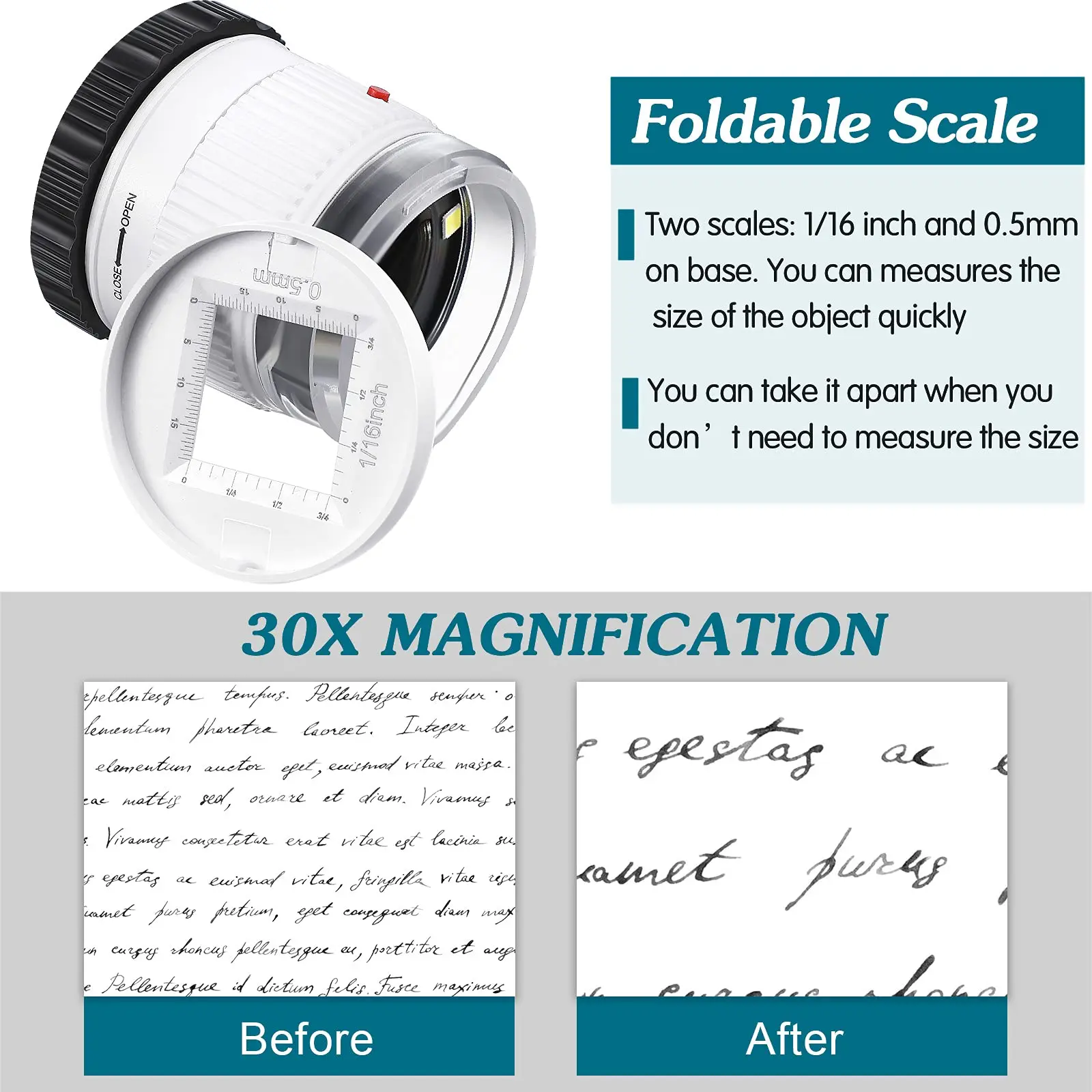 Lupa de mano cilíndrica 30X con escala LED Luz UV Lupa iluminada Focal ajustable HD Lupa joyería Lupa