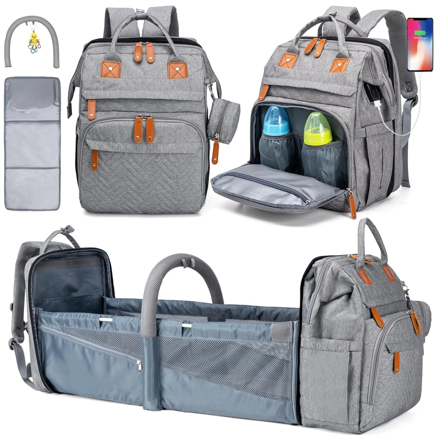 Mochila Cambiador de Bebé con Gran Capacidad, Bolsa de Viaje Portátil para Pañales con Cuna Plegable, Bolsas Multifuncionales para Bebé y Colchoneta Cambiador Móvil, Mochila Cuna para Bebé