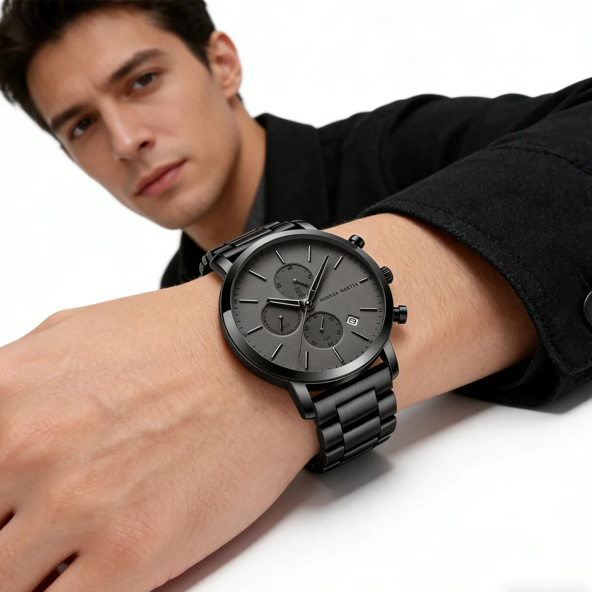 Reloj de marca HANNAH MARTIN para hombre, reloj de pulsera de cuarzo multifuncional deportivo resistente al agua de acero inoxidable negro, reloj Masculino