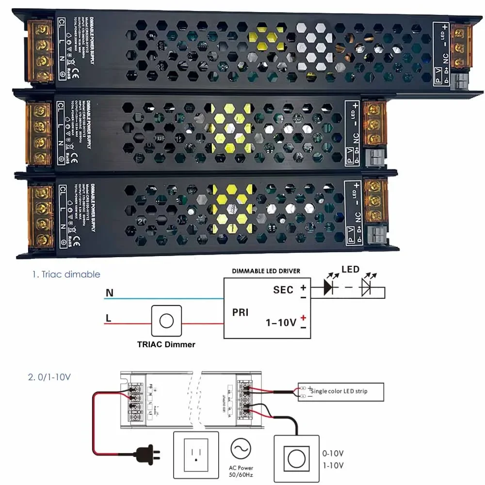 DC12V/24V 60W 100W 150W 200W 250W 300W Controlador LED regulable Triac de aluminio y fuente de alimentación de atenuación de 0-10V transformador de iluminación