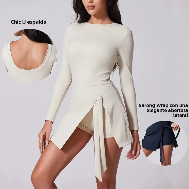VITALINOVO Vestido de tenis de cuello alto para mujer, falda envolvente tipo pareo de manga larga, pantalones cortos integrados, vestido atlético de golf, mamelucos de entrenamiento