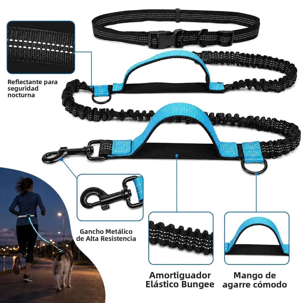 Correa retráctil para mascotas para correr, correa reflectante retráctil para perros con cuerda ajustable para la cintura para correr al aire libre