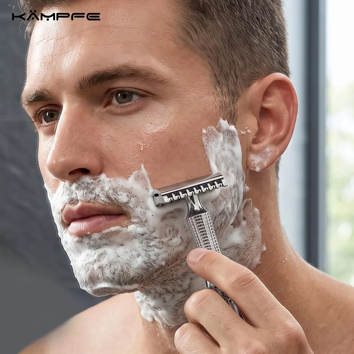 KAMPFE Maquinilla de Afeitar de Seguridad de Acero Inoxidable/Titanio, Maquinilla Manual de Doble Filo Mecanizada con Precisión CNC, Afeitado Suave en Húmedo para Hombres