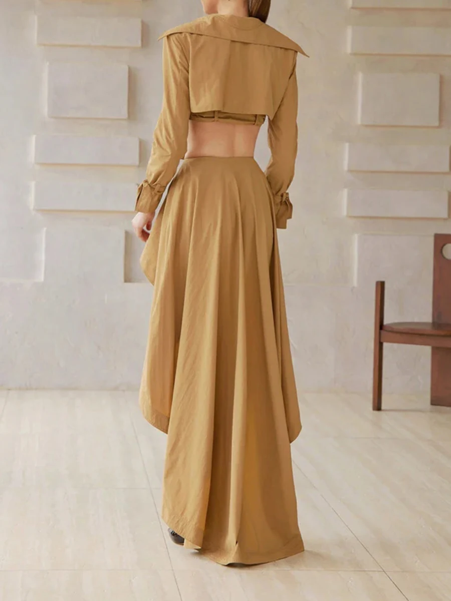 TWOTWINSTYLE, conjuntos de dos piezas lisos empalmados con doble botonadura para mujer, solapa, manga larga, Top corto, falda de cintura alta, conjunto femenino nuevo
